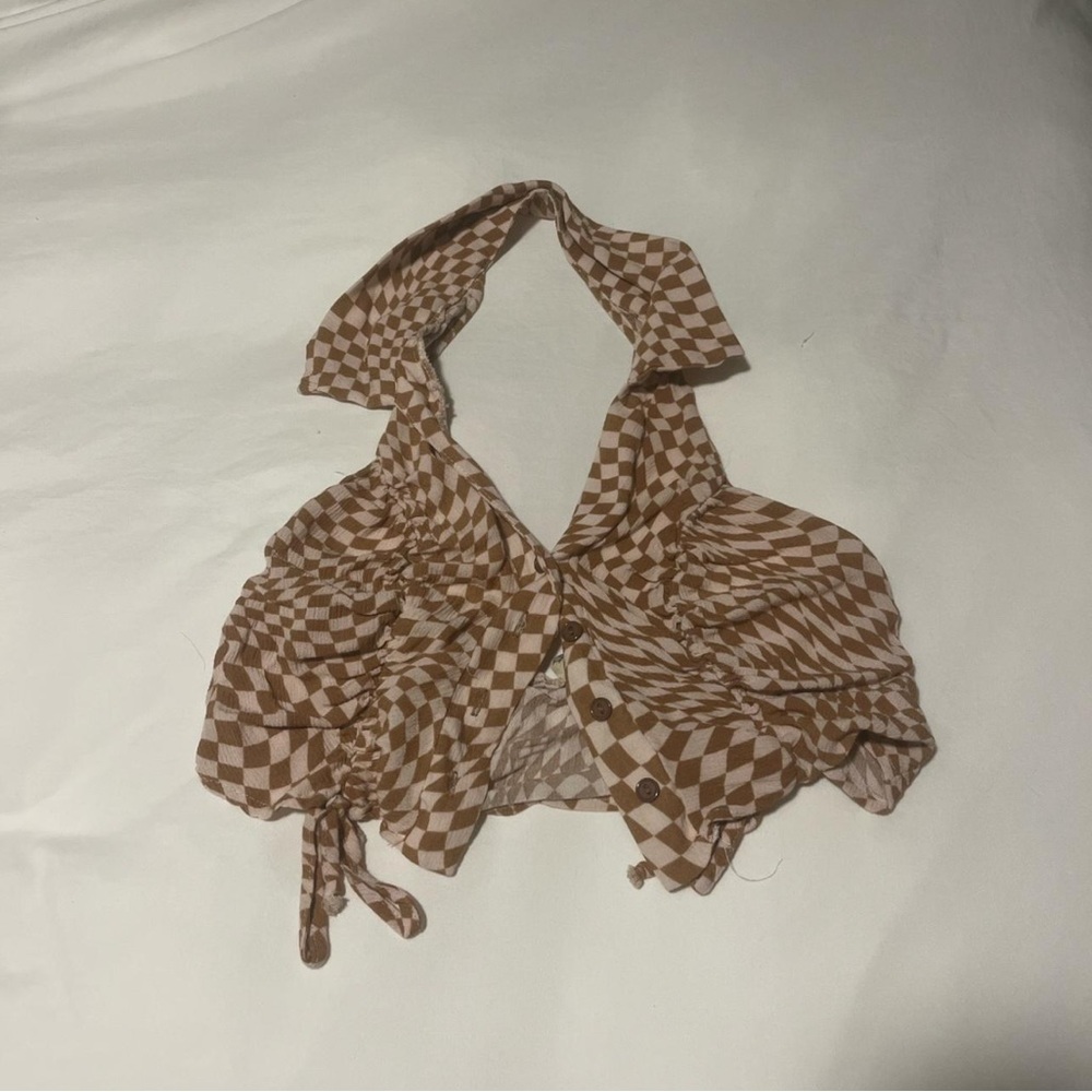 SHEIN Brown and White Crop Tank Top with Notched Collar